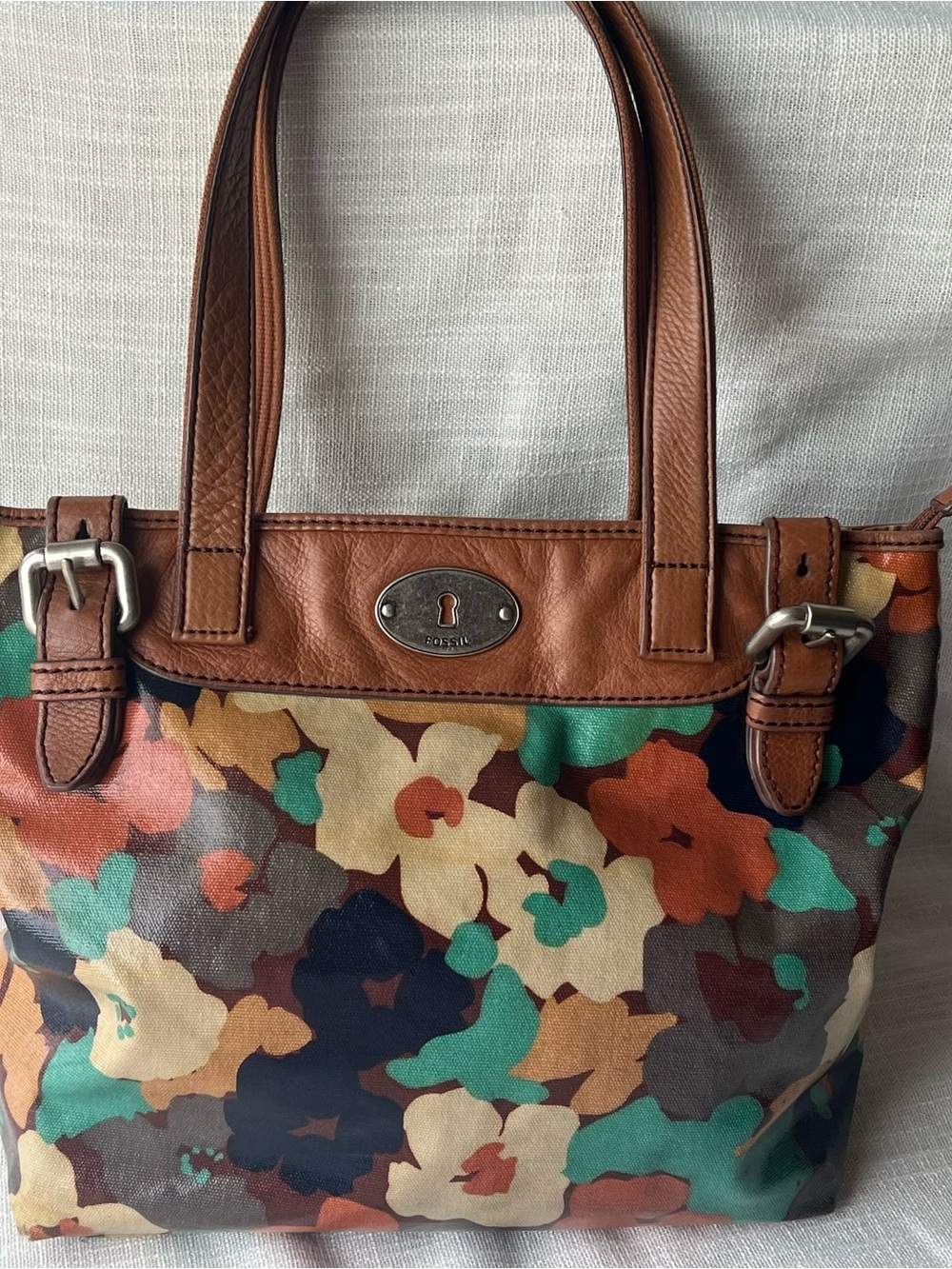 Vintage Fossil Key-Per Floral Canvas Leather Tote Shoulder Purse Brown ZB5126